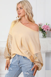 Waffle Knit Top | Apricot Sequin Patchwork Sleeve Open Back