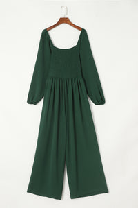 Green Smocked Square Neck Long Sleeve Wide Leg Jumpsuit | Bottoms/Jumpsuits & Rompers