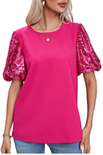 Load image into Gallery viewer, Rose Red Contrast Sequin Puff Sleeve T Shirt
