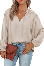 Load image into Gallery viewer, Khaki Pleated Balloon Sleeve Drawstring V-Neck Blouse
