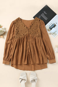 Brown Lace Crochet Buttoned V Neck Babydoll Top | Tops/Blouses & Shirts