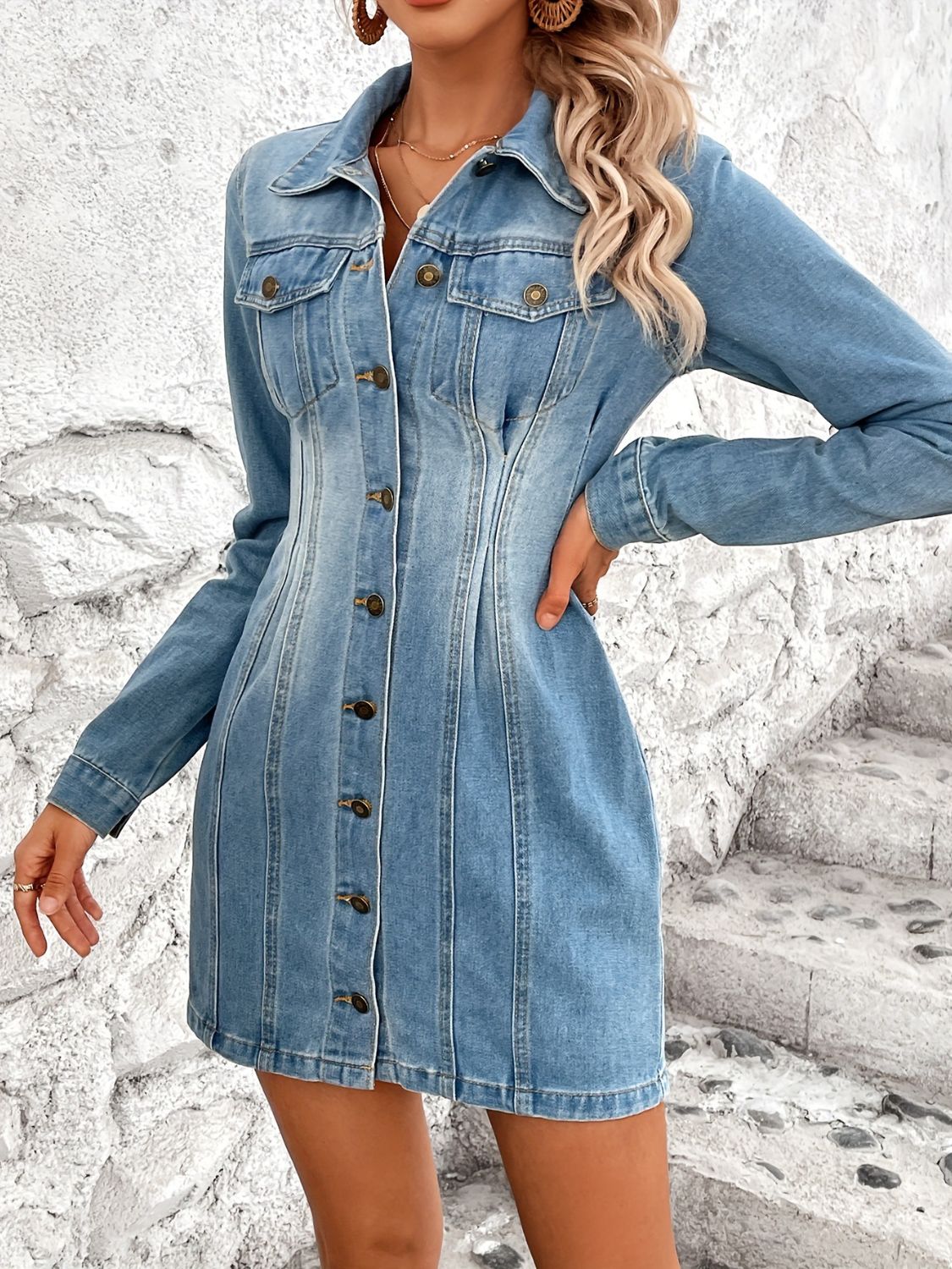 Denim Dress | Pocketed Button Up Long Sleeve Dress