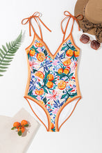 Load image into Gallery viewer, Orange Fruit Plant Print Tied Straps V Neck One Piece Swimsuit | Swimwear/One Piece Swimsuit
