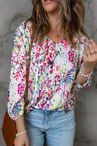 Green Floral Print Puffy Sleeve Loose Blouse | Tops/Blouses & Shirts