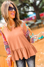 Load image into Gallery viewer, Orange Boho Paisley Mix Print Raglan Sleeve Ruffled Blouse | Tops/Blouses &amp; Shirts
