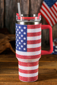 Red Rhinestone American Flag Print Handled 40oz Thermos Tumbler | Accessories/Tumblers