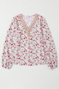 V-Neck Blouse | White Floral Long Sleeve Lace