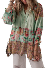 Load image into Gallery viewer, Green Printed Floral Patchwork Frilled Split Neck Blouse | Tops/Blouses &amp; Shirts
