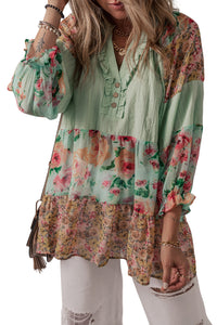 Green Printed Floral Patchwork Frilled Split Neck Blouse | Tops/Blouses & Shirts