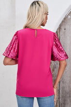 Load image into Gallery viewer, Rose Red Contrast Sequin Puff Sleeve T Shirt
