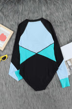 Load image into Gallery viewer, Green  Color Block Zipper Long Sleeve Rash Guard Swimwear
