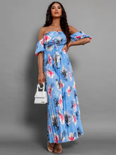 Load image into Gallery viewer, Off Shoulder Midi Dress | Pleated Floral Short Sleeve Dress
