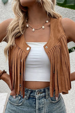 Load image into Gallery viewer, Camel Fringed Snap Button Front Suedette Vest | Outerwear/Jackets
