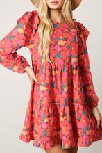 Load image into Gallery viewer, Rose Red Ruffle Shoulder Long Sleeve Floral Mini Dress
