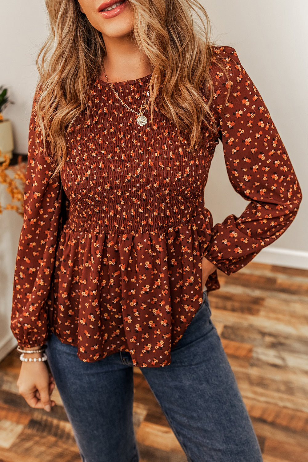 Boho Floral Smocked Bust Ruffled Peplum Blouse | Tops/Blouses & Shirts