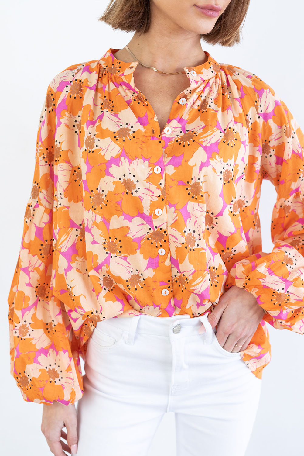 Floral Print Top | Orange Loose Sleeve Shirt