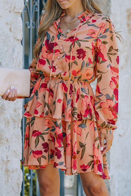 Fiery Red Frilled Collar Long Sleeve Floral Dress with Ruffle | Dresses/Floral Dresses