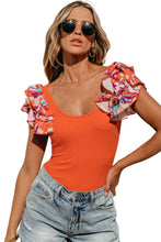 Load image into Gallery viewer, Orange Ribbed Knit Tiered Ruffled Sleeve Bodysuit | Tops/Bodysuits
