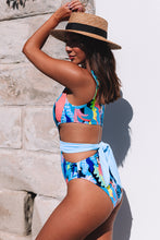 Load image into Gallery viewer, Sky Blue Asymmetric Cutout Belted Printed One-piece Swimwear
