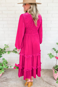 Rose Red Shirred V Neck Long Sleeve Velvet Dress | Dresses/Maxi Dresses