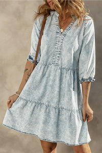 Dusk Blue Acid Wash Retro Half Sleeve Flared Denim Dress | Dresses/Mini Dresses