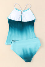 Load image into Gallery viewer, Sky Blue Oceanic Gradient Color Peekaboo Halter Tankini Swimsuit | Swimwear/Tankinis
