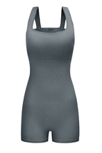 Load image into Gallery viewer, Gray Ribbed Square Neck Padded Sports Romper | Activewear/Yoga Jumpsuits
