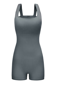 Gray Ribbed Square Neck Padded Sports Romper | Activewear/Yoga Jumpsuits