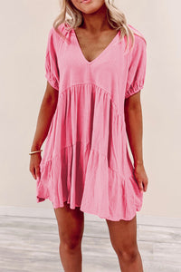 Strawberry Pink Puff Sleeve V Neck Tiered Swing Dress | Dresses/Mini Dresses