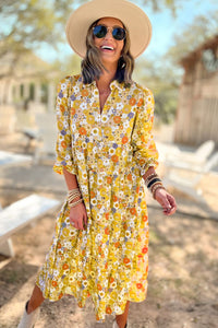 Yellow Boho Floral Collared Long Sleeve Ruffled Dress | Dresses/Floral Dresses