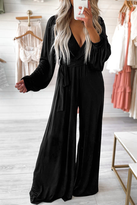 Black Cutout Back Belted V Neck Wide Leg Jumpsuit | Bottoms/Jumpsuits & Rompers