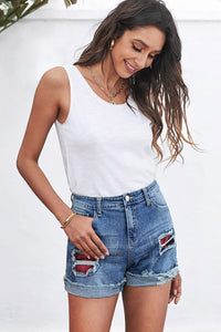 Plaid Patchwork Rolled Hem Denim Shorts | Bottoms/Denim Shorts