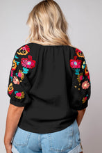 Load image into Gallery viewer, Puff Sleeve Top | Black Floral Embroidered Blouse
