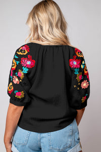 Puff Sleeve Top | Black Floral Embroidered Blouse