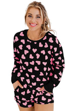 Load image into Gallery viewer, Black Valentine Heart Shape Print Long Sleeve Top Shorts Lounge Set | Loungewear &amp; Sleepwear/Loungewear
