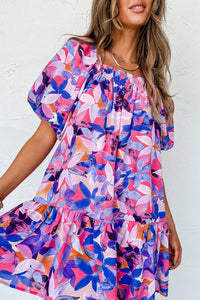 Purple Flower Print Short Puff Sleeve Ruffled Dress | Dresses/Floral Dresses