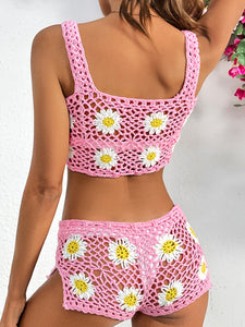 Two Piece Beach Cover Up | Pink Flower Cutout Cover Up