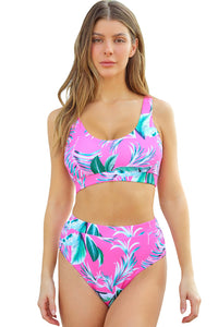 Rose Scoop Neck Tropical Ribbed High Waist Bikini | Swimwear/Bikinis