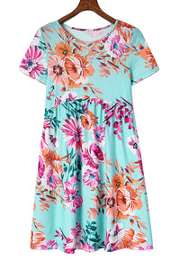 Sky Blue Short Sleeve High Waist Floral T-shirt Dress | Dresses/T Shirt Dresses