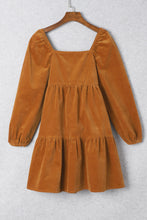 Load image into Gallery viewer, Chestnut Square Neck Puff Sleeve Tiered Corduroy Mini Dress
