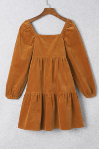 Chestnut Square Neck Puff Sleeve Tiered Corduroy Mini Dress