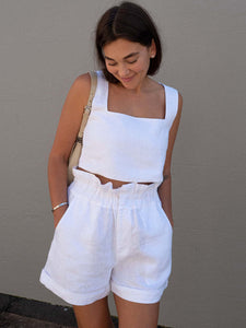 White Shorts Set | Square Neck Sleeveless Top Shorts Set