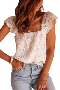 White Lace Crochet Ruffled Square Neck Tank Top | Tops/Tank Tops