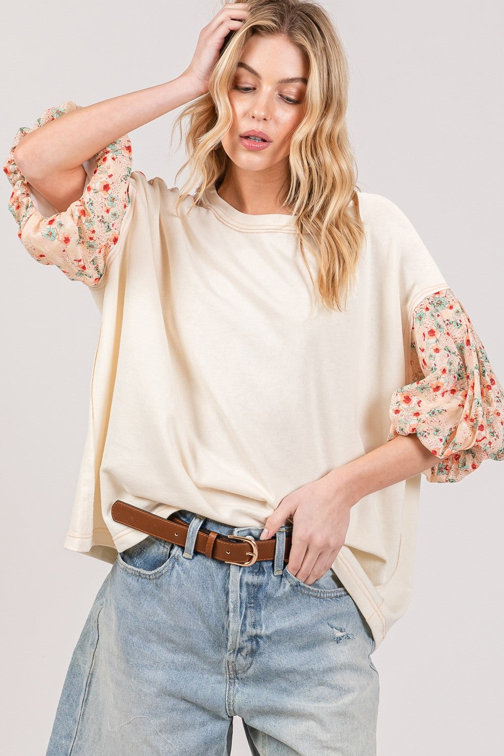 Bubble Sleeve Top | Round Neck Oversized Blouse