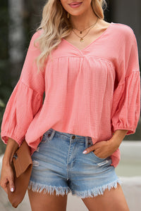 Pink Textured V Neck Bracelet Sleeve Babydoll Blouse | Tops/Blouses & Shirts