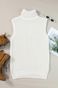 Turtleneck Sweater Vest | White Knitted Slit Hem Sweater