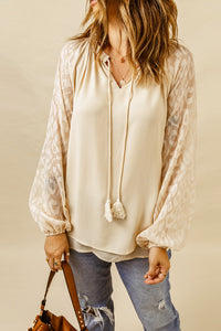 Beige Leopard Mesh Bubble Sleeve Split Neck Blouse | Tops/Blouses & Shirts