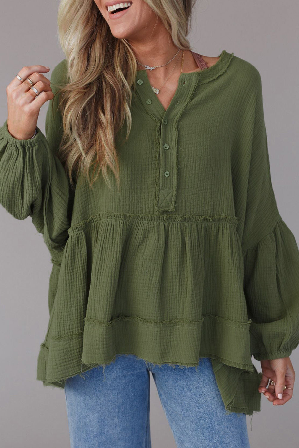 Green Henley Button Drop Shoulder Top