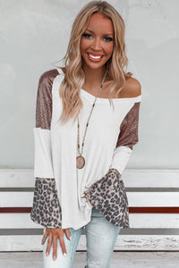 White Sequin Patchwork Bell Sleeve V Neck Tunic Top | Tops/Long Sleeve Tops