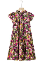 Load image into Gallery viewer, Green Floral Print Ruched Flutter Sleeve Frilled Neck Mini Dress | Dresses/Floral Dresses
